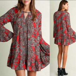 UMGEE Red Gold Dress Bell Long Sleeve Small